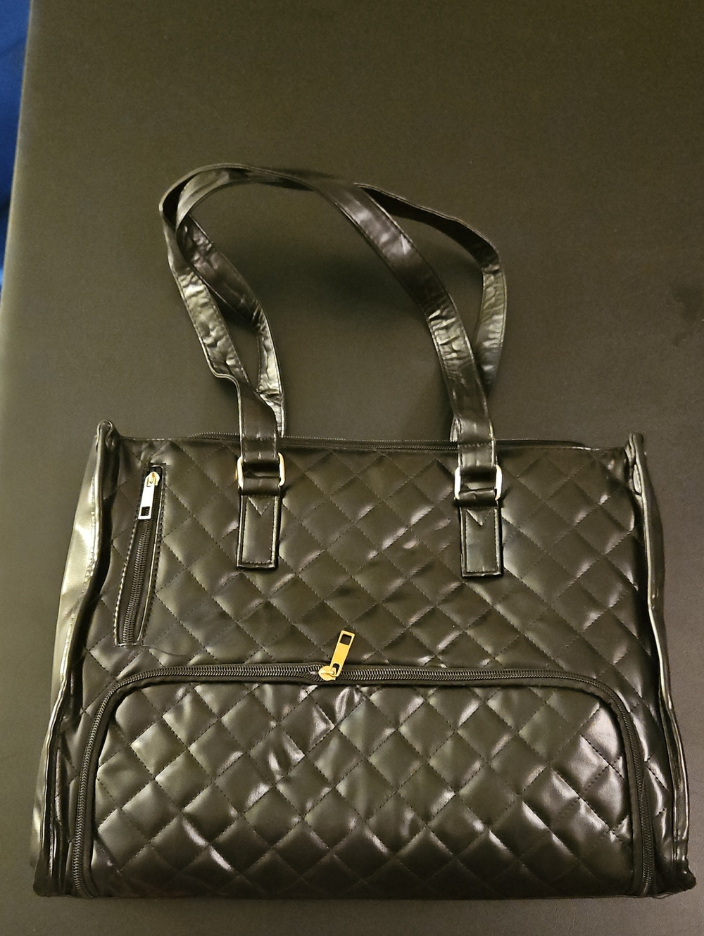 Black Quilted Shoulder Tote with Gold Accent Hardware